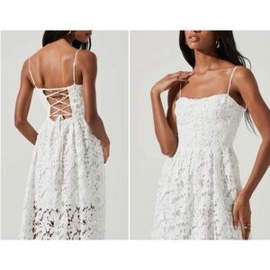 Astr white lace midi dress with corset tie back bodice